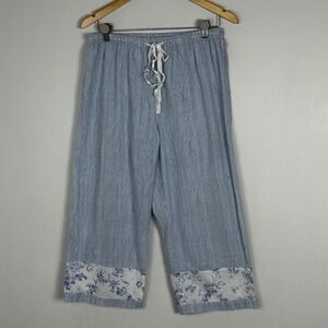 April Cornell Blue Wide Leg Pants Womens Sz Small Bohemian Floral Trim‎ Lace PJs